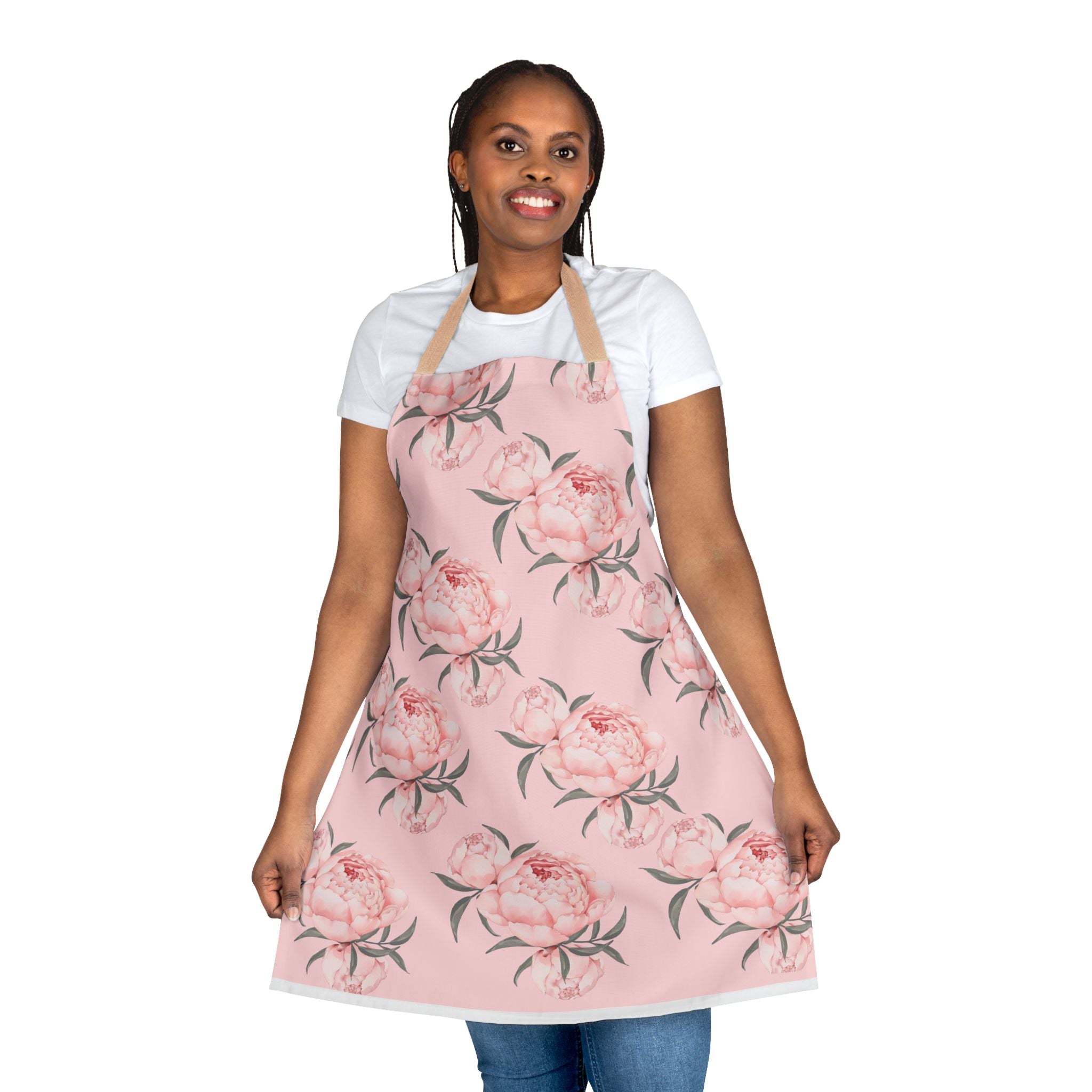 Chef Apron, Pink Peony Design, 5-Color Straps, Personalized Kitchen Cooking Gift