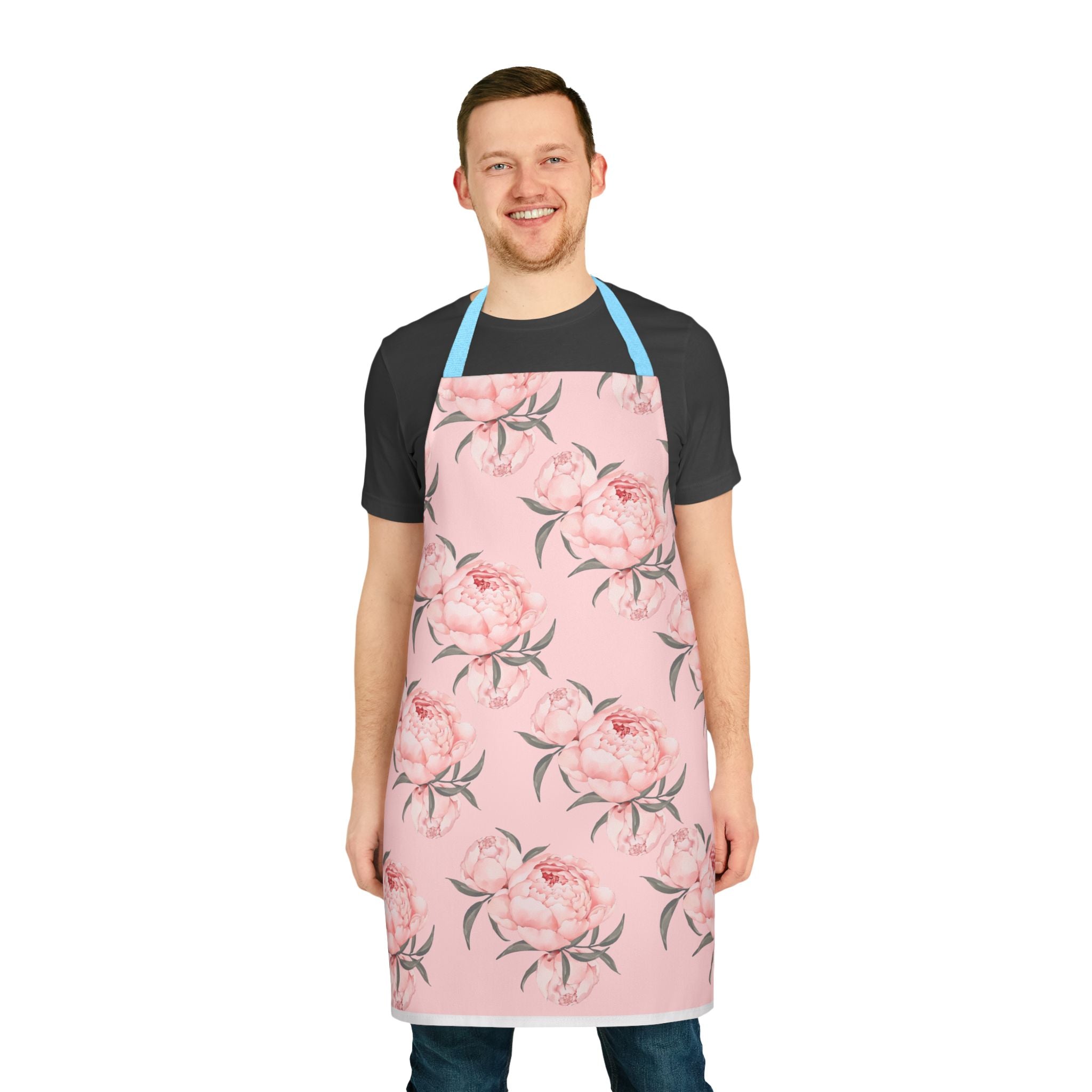 Chef Apron, Pink Peony Design, 5-Color Straps, Personalized Kitchen Cooking Gift