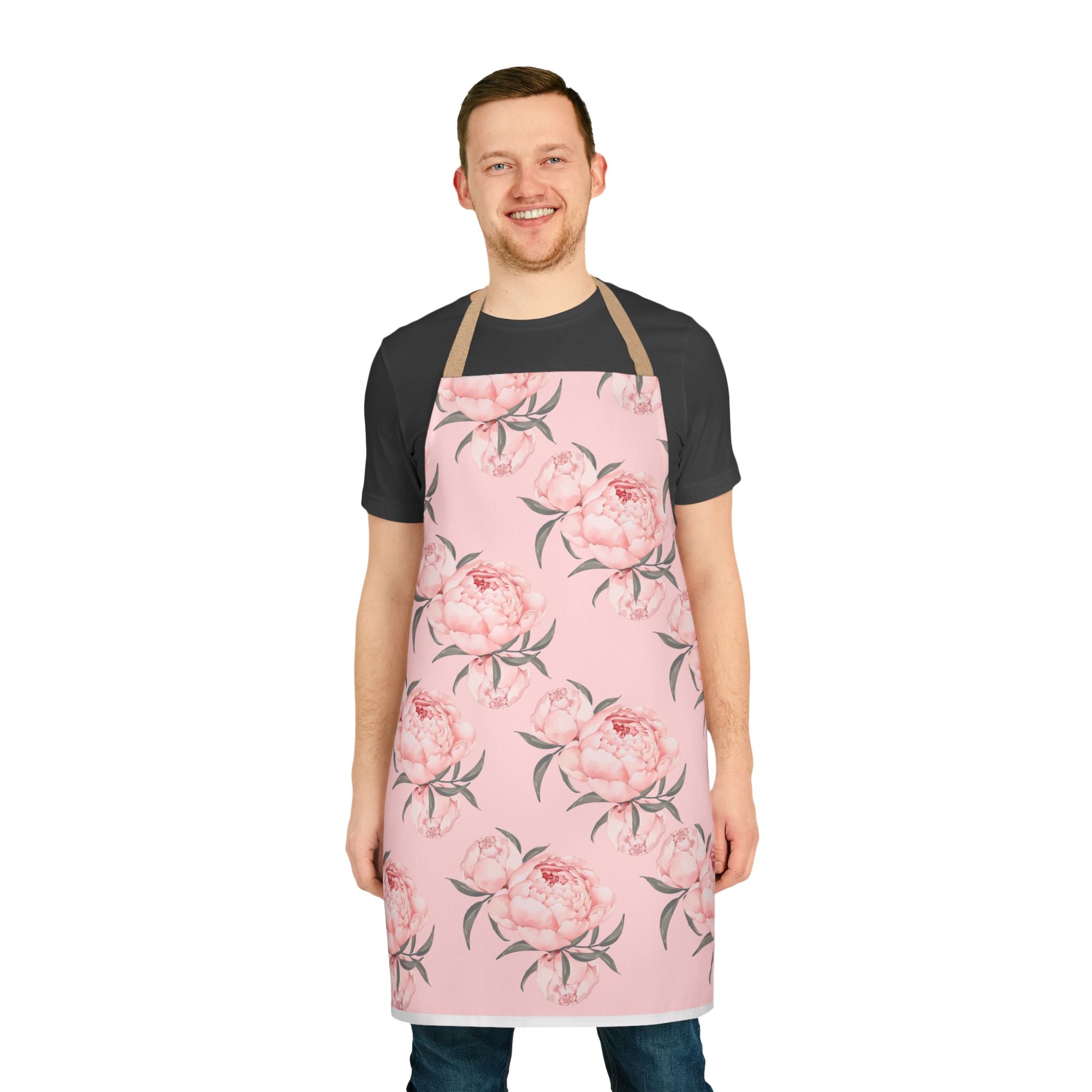 Chef Apron, Pink Peony Design, 5-Color Straps, Personalized Kitchen Cooking Gift