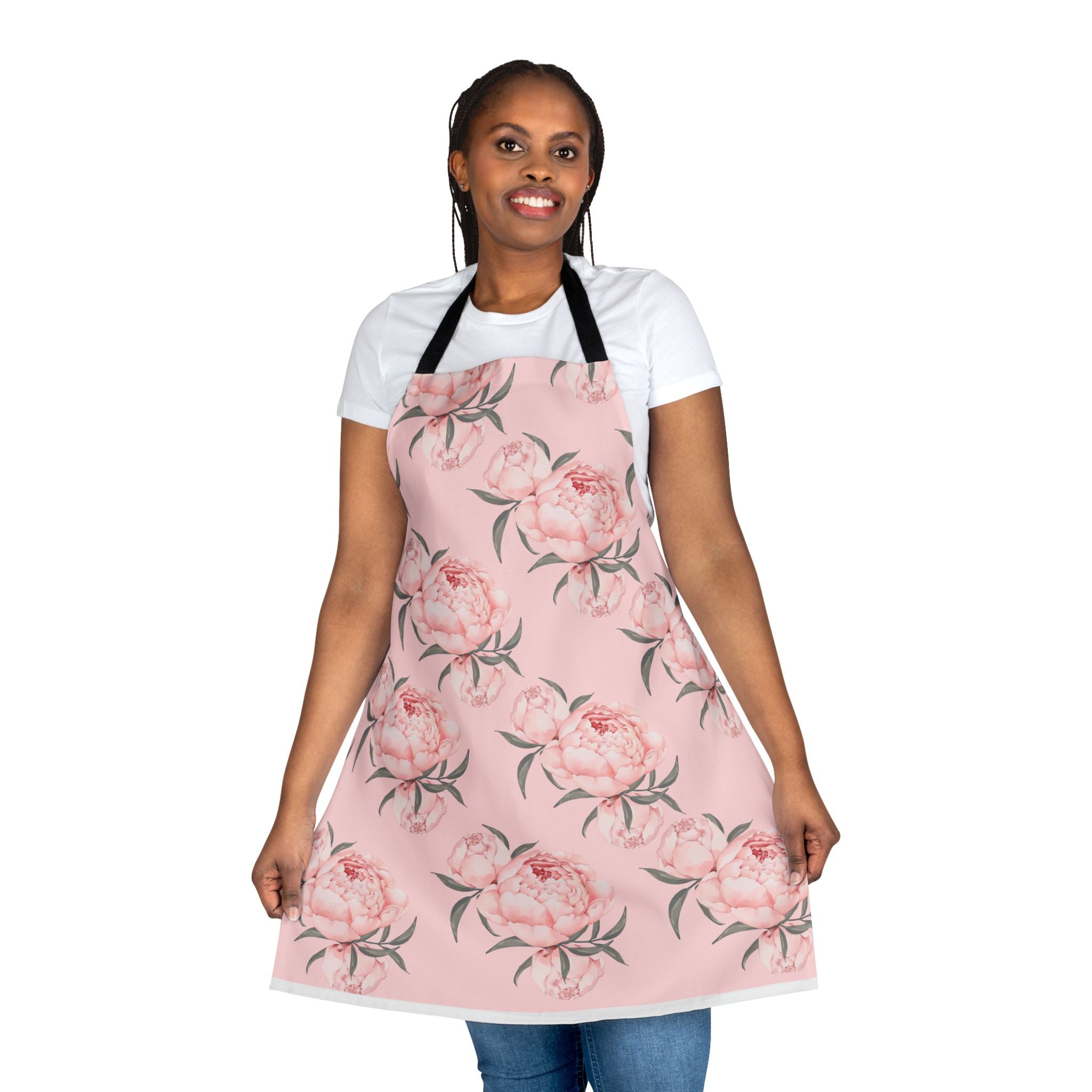 Chef Apron, Pink Peony Design, 5-Color Straps, Personalized Kitchen Cooking Gift