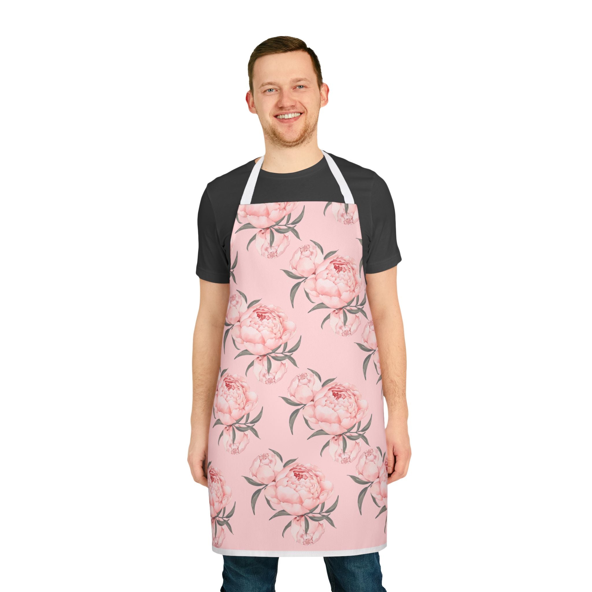 Chef Apron, Pink Peony Design, 5-Color Straps, Personalized Kitchen Cooking Gift